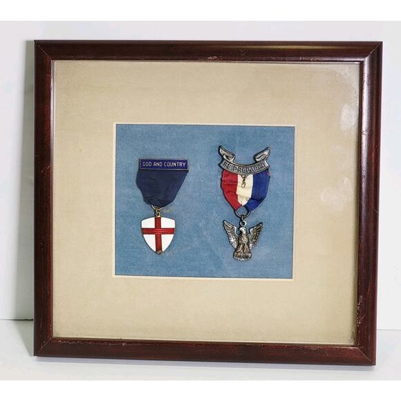 1960s Eagle Scout Medal and God & Country Medal Pin Sterling I Frame - Picture 1 of 6